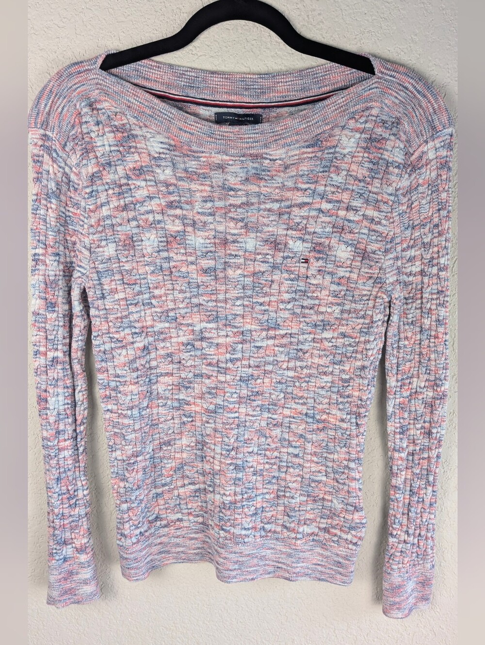 Tommy Hilfiger Cotton Boat Neck Sweater S Cable Knit LS Coastal Fisherman Cozy